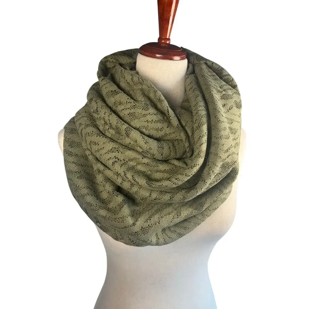 Olive Green Knit Infinity Scarf Lightweight Open Knit Boho Circle Scarf
